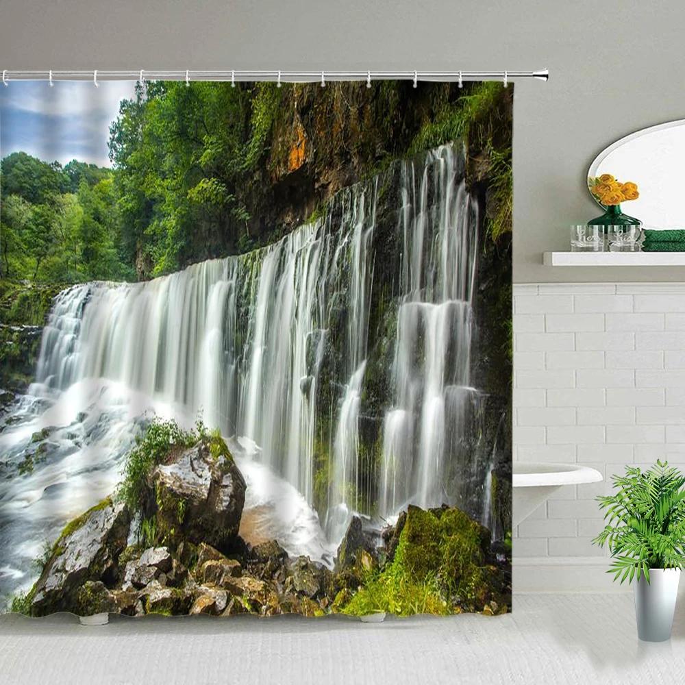 Natural Scenery Shower Curtain Set Waterfall Spring Landscape Home Bathtub Decor Waterproof Polyester Cloth Bathroom Curtains