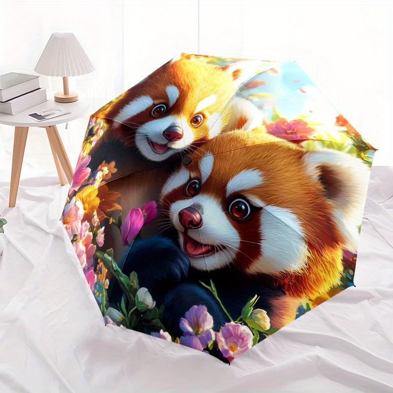 1pc Automatic Open/Close Umbrella with Red Pandas & Floral Pattern - Compact Travel Umbrella, Windproof 8-Rib Frame, Portable