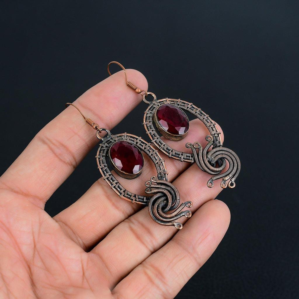 Ruby Earrings Gemstone Jewelry, 999 Copper Wire Wrapped Handmade Earrings, Latest Design Jewelry