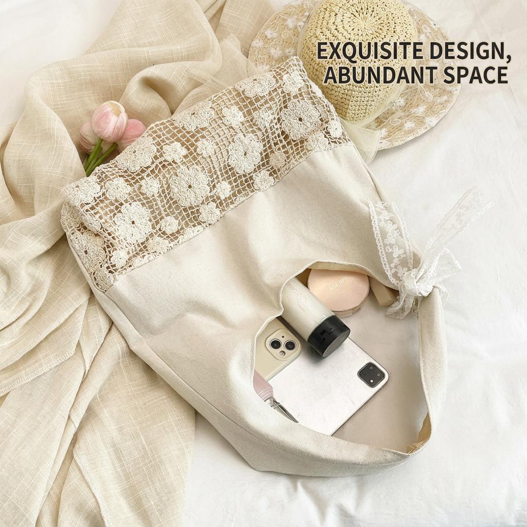 Large Capacity Shoulder Bag High-Quality Lace Splicing Handbag Canvas Tote Bag Fresh Cotton Tote Bag For Short Trip Shopping