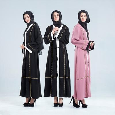 Dubai Beaded Kaftan Muslim Open Abaya Maxi Party Dress Arab Jilbab Robe Cardigan