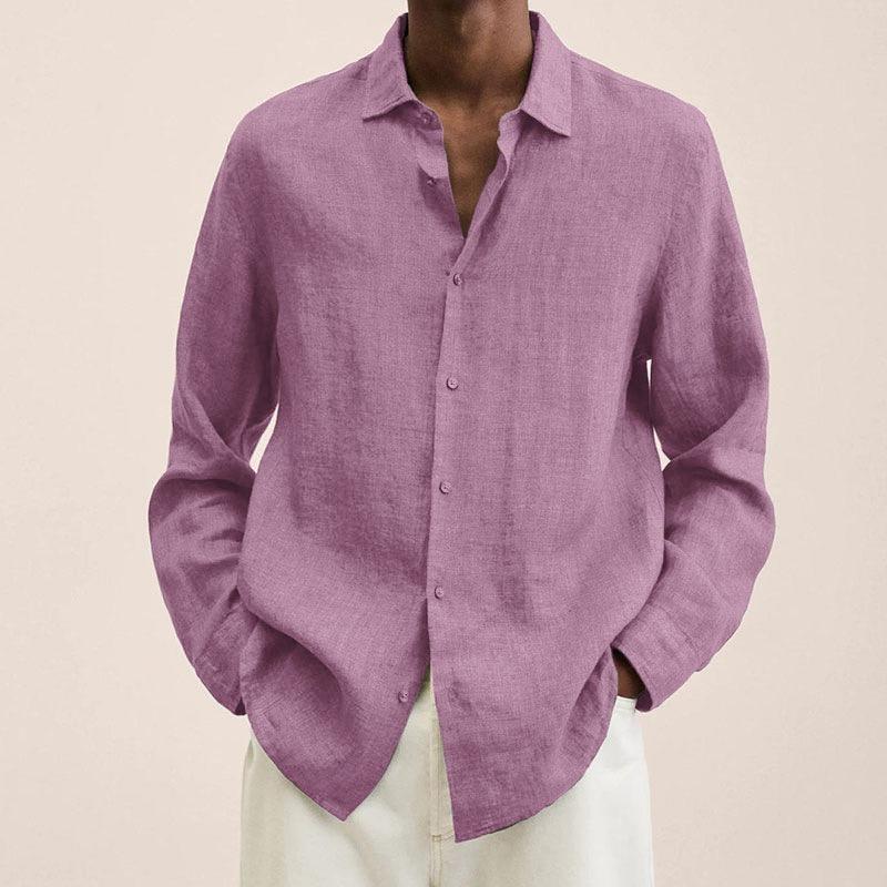 Men's Linen Cotton Long Sleeve Shirt Casual Loose Fit Button Down Collar Breathable Solid Color Summer Tops For Men