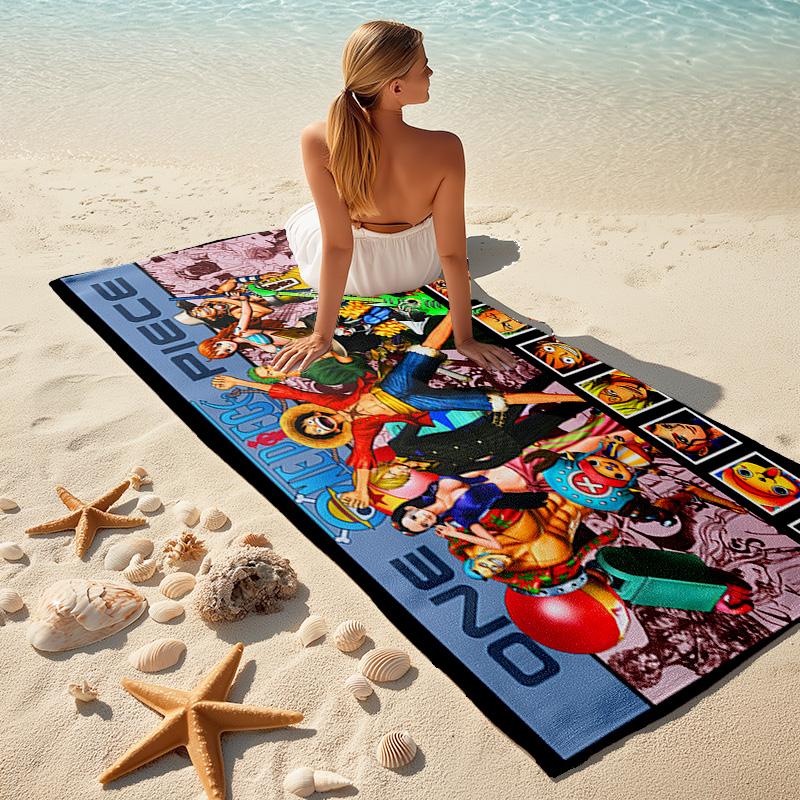 Classic Japanese Element Cartoon ONE PIECE Monkey D. Luffy Beach Towel Outdoor Camping Vacation Swimming Beach Towel Outdoor Absorbent Bath Towel Y12