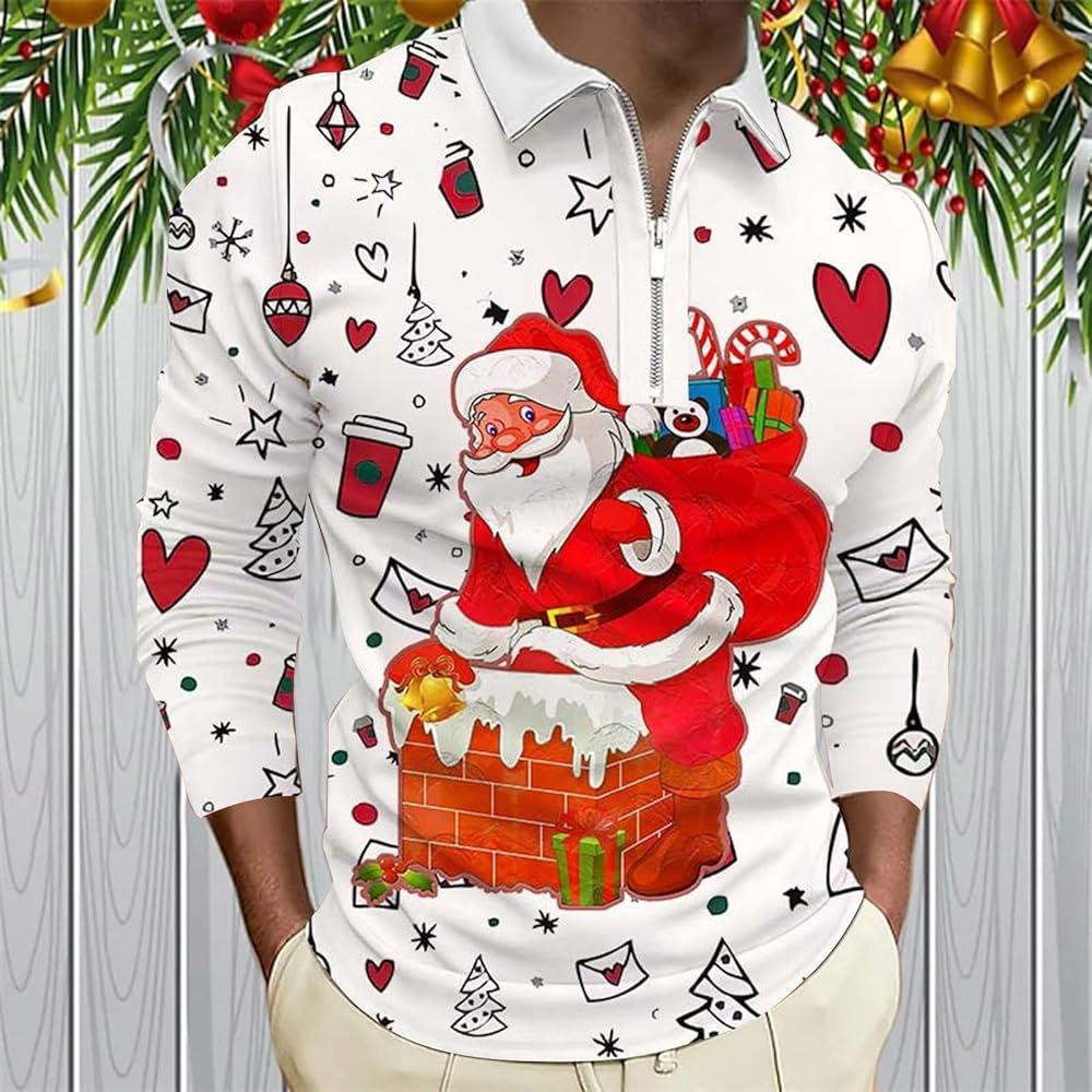 Festive Season! Christmas Print Long Sleeve Polo, Zip Collar Holiday Top