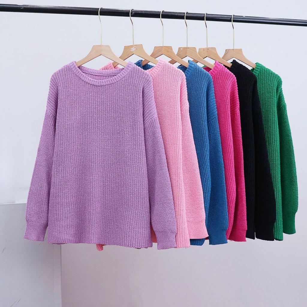 Pull ample à col rond pour femme, pull tricoté à manches longues, couleur unie, vent paresseux, automne et hiver