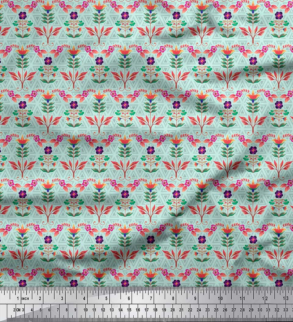 

Soimoi Blue Japan Crepe Satin Тканина з художнім листям і квітами з геометричним декором Тканина з принтом метр 42 дюйма 42 Inch Wide - Poly Crepe зелений