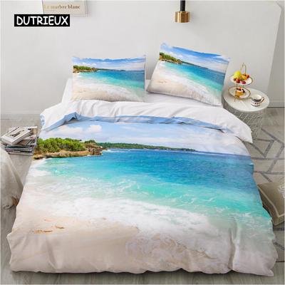 Ocean Duvet Cover Set King Size Polyester Tropic Ocean Style Sandy Shore and Sea with Waves Escape To Paradise Theme Bedding Set