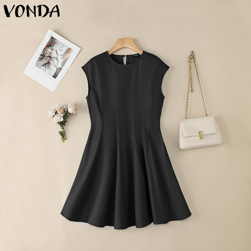 

VONDA Elegant Women Casual Round Neck Sleeveless Solid Color Ruffled A-line Dress 2XL чёрный