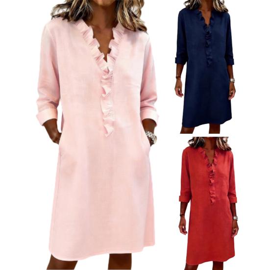 Sommerkleid für Damen Lässig Rüschenbesatz V-Ausschnitt A-Linie Midi-Kleid Langarm Urlaubs-Reise-Outfit mit Taschen