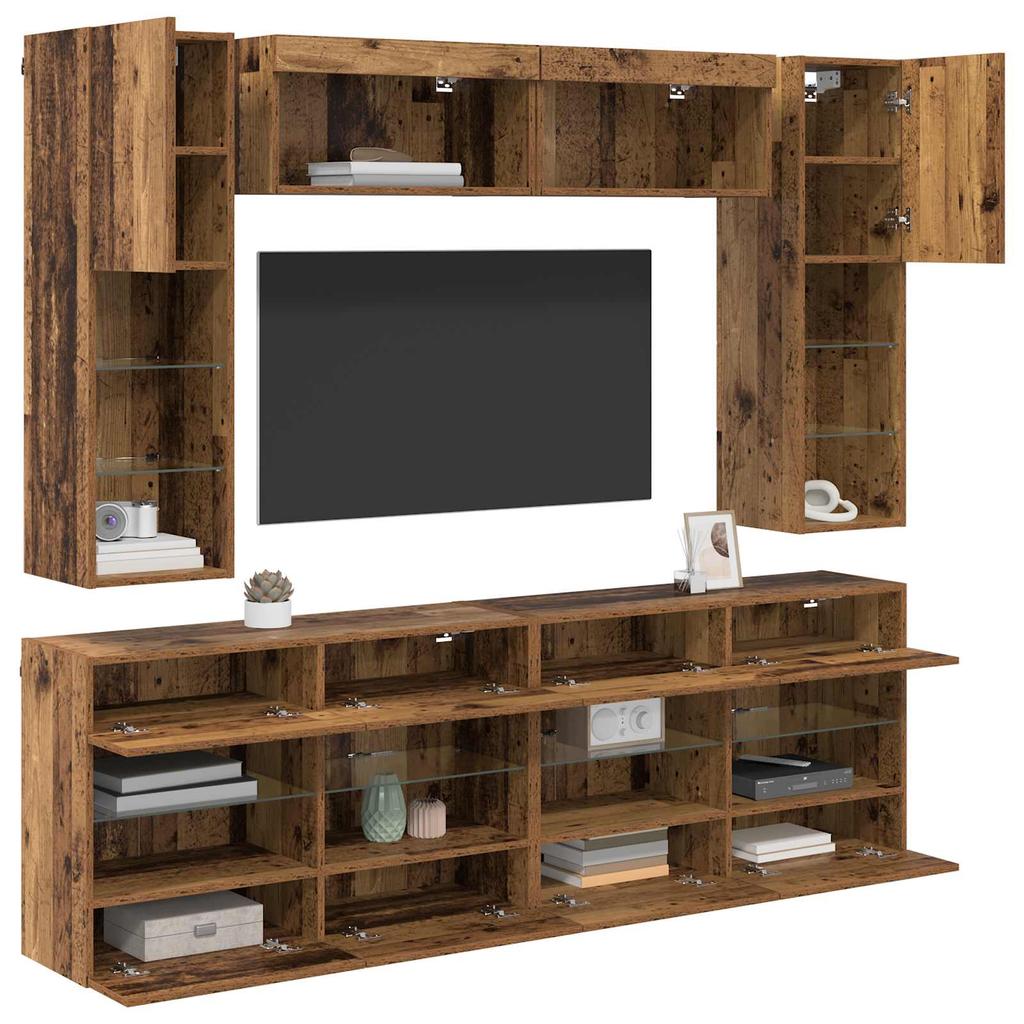 TV-Wandregal Set mit LED 6 Stück Altholz Holzwerkstoff