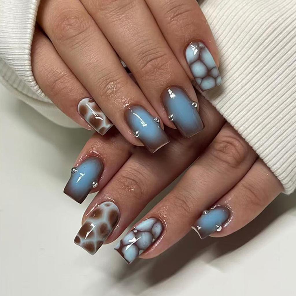 24PCS Spice Girls Stick on Fake Nails Pink Flowers Leopard Print French False Nails Golden Decor Square Wearable Simple Manicure