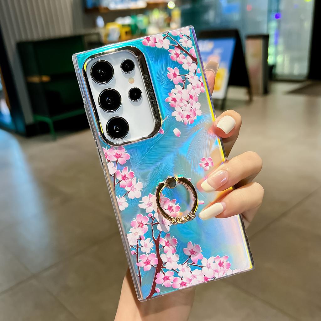 Electroplated Laser Flower Imd with Ring Buckle Bracket S24 Mobile Phone Case S25Ultra Anti-drop All-inclusive A56 Hard Case