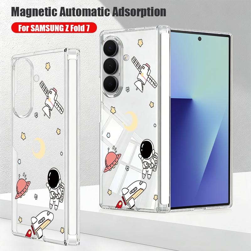 Magnetic Adsorption Phone Case For Samsung Galaxy Z Fold 7 6 5 Fold7 Fold6 Fold5 5G Cute Astronaut Print Clear Shockproof Cover