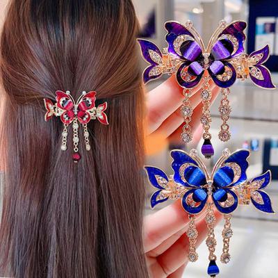 1/2Pcs Butterfly Shape Hair Clip with Tassel Chain Anti-Slip Sparkling Rhinestone Hair Claw Hair Styling Tool Hair Accessory