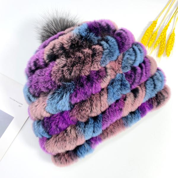 Heißer Kaninchen Fell Pompon Hüte Frauen Winter Flauschigen Warme Gestrickte Elastische Mützen Fuchs Echtpelz Stricken Hut Weiche Elastische Gestreiften Skullies