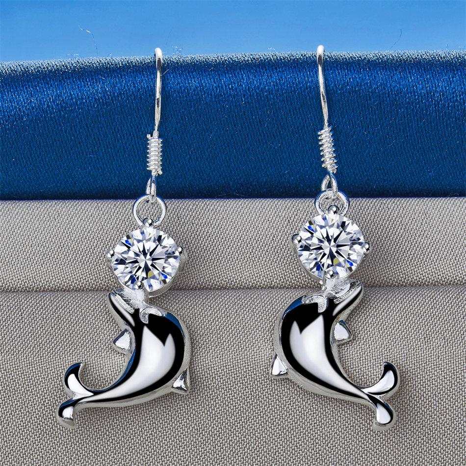 1 Pair of 925 Sterling Silver Cute Dolphin Zircon Pendant Earrings for Women's Wedding Accessories, Fashionable Jewelry Gifts