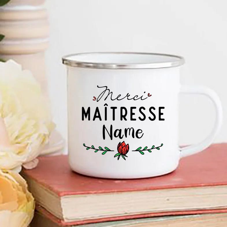 Personalised Custom Name Mug Merci Maitresse Coffee Cups Drinks Water Cup Enamel Mugs School Home Handle Drinkware Teacher Gifts
