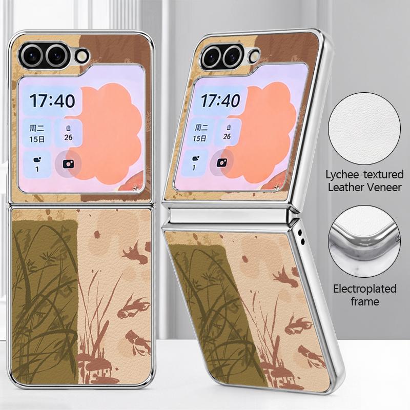 Oil Painting Flower Pattern Case For Samsung Galaxy Z FlIP 7 FE 6 5 Plating PC+PU Leather Hybrid Folding Cover For Samsung Z Flip7 Flip6 Flip5