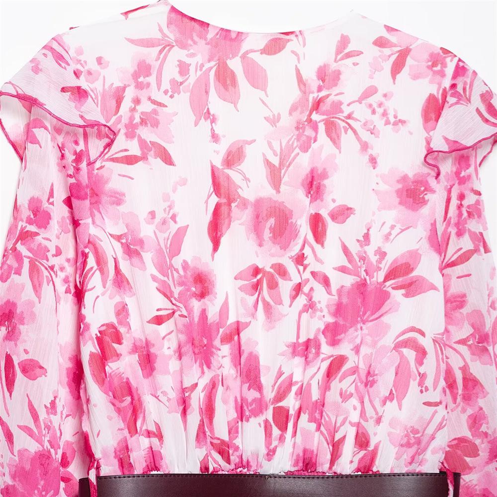 2025 Spring/Summer Women's Slim-Fit Pleated Patchwork Print Dress with Belt