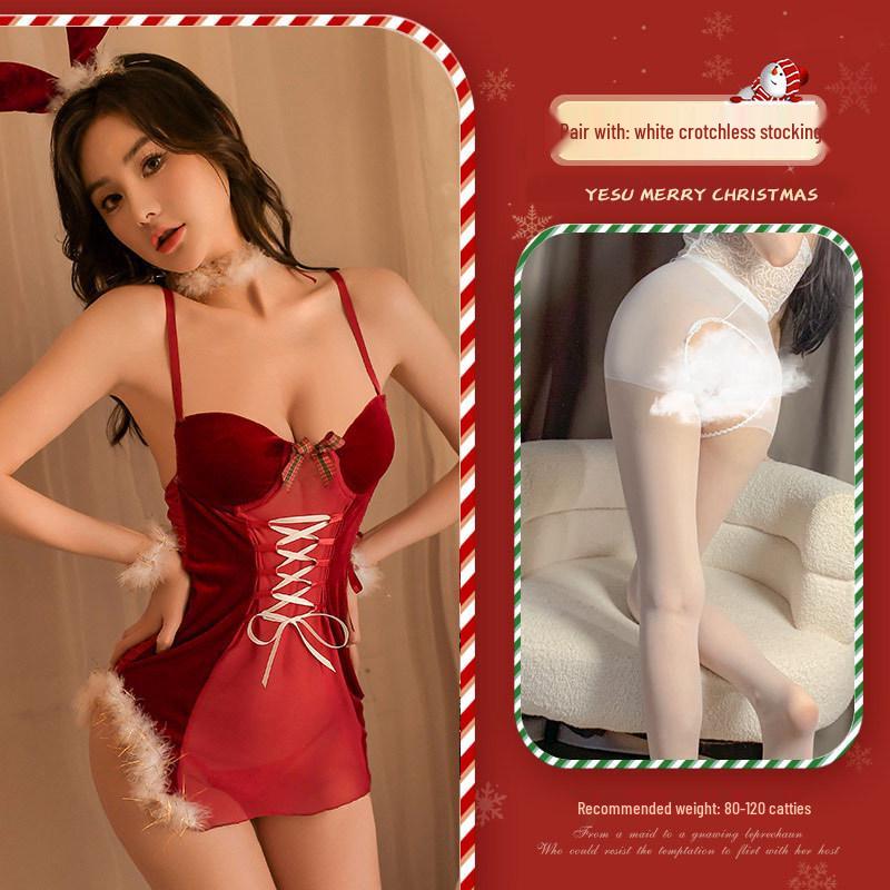 Seductive See-Through Halter Lingerie: Christmas New Year Plush Tie-Up Padded Set