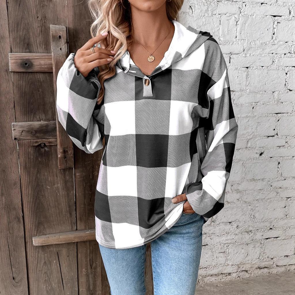 Europe, America autumn and winter new women's clothing neutral plaid printing loose casual fashion button hooded long-sleeved sweater