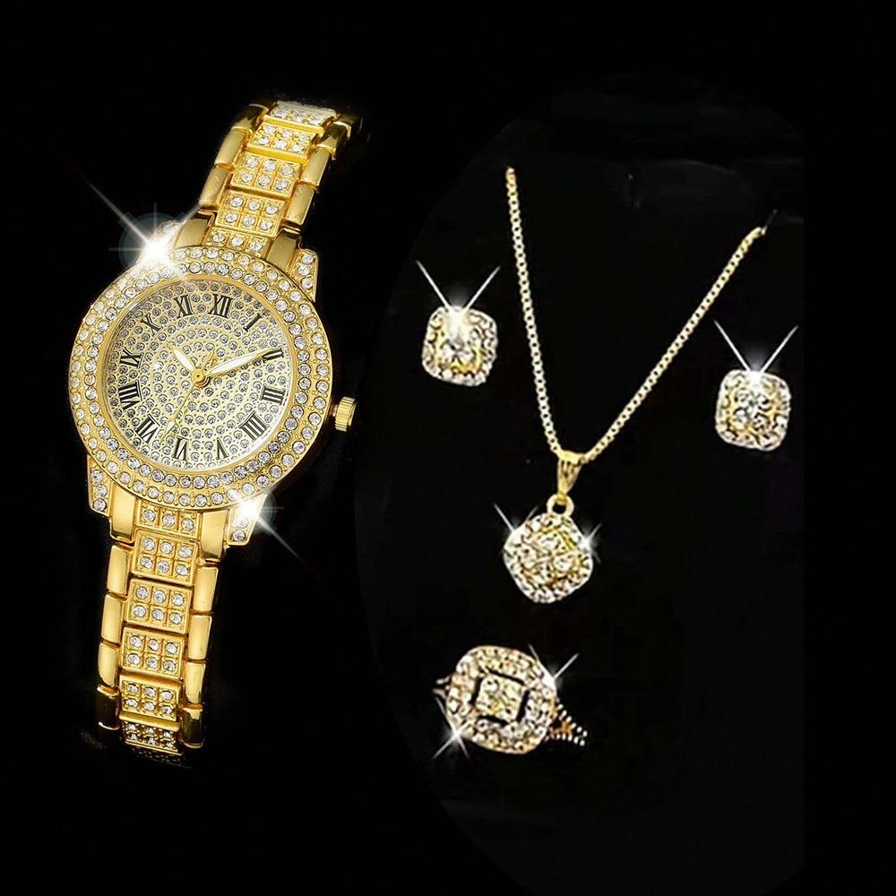 Ladies Watch Set, Steel Belt Full of Diamonds, High-end Quartz Watch Temperament, Business Leisure Watch Wholesale