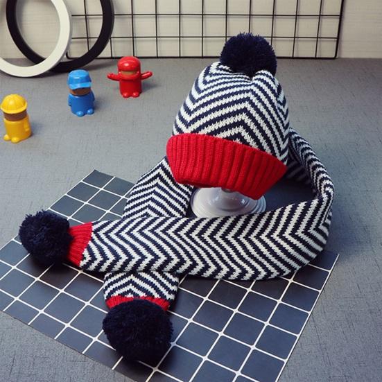 2Pcs/Set Kids Autumn Winter Hat Scarf Set Plush Ball Decor Striped Print Brimless Hat Knitting Scarf Set