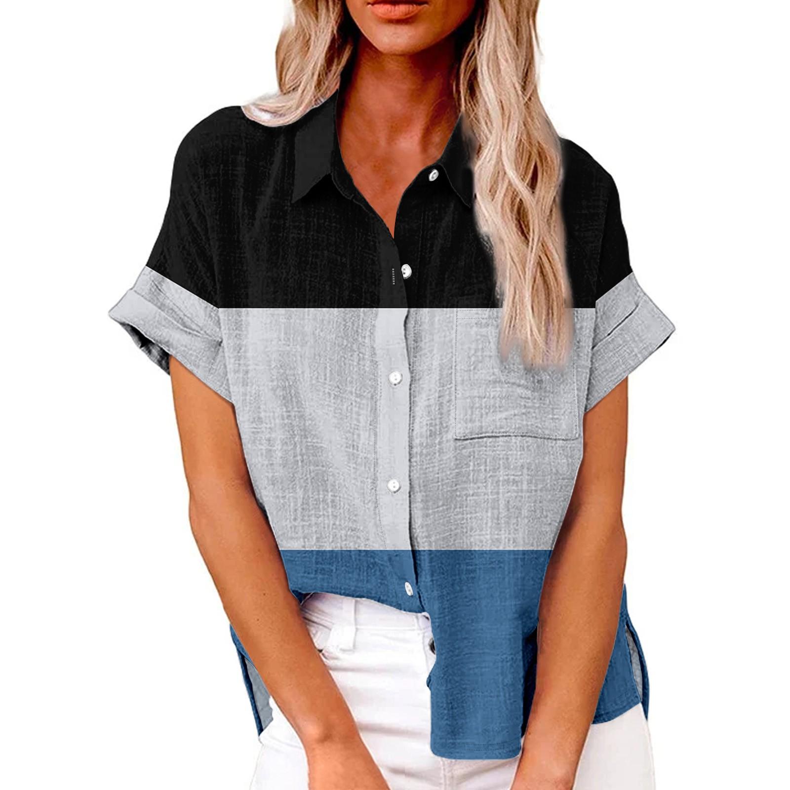 Женская модная свободная повседневная рубашка с короткими рукавами и отворотами — фото 6