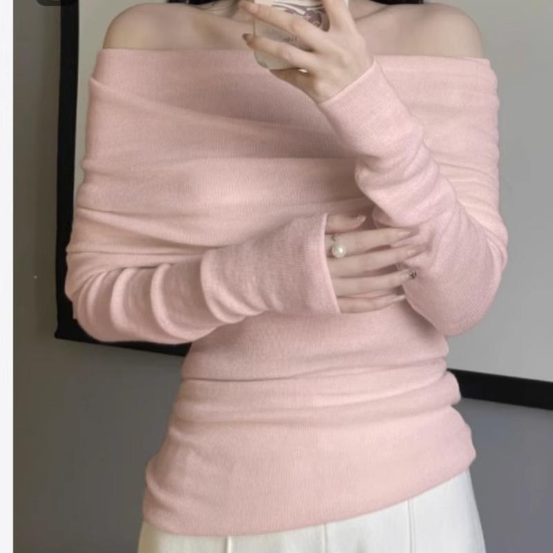 Autumn New Sexy One Shoulder Pullover Sweaters for Women Lapel Off Shoulder Long Sleeved Knitted Sweater Woman Elegant Casual Winter Knitwear 24861