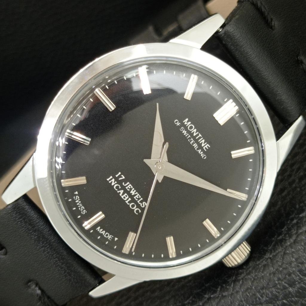 HAND-WINDING VINTAGE MONTINE SWISS MENS REFURBISHED BLACK DIAL WATCH a445227-1
