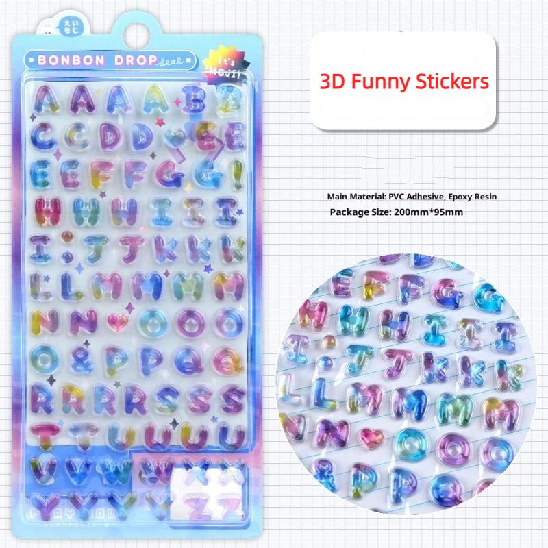 1Sheet Colorful 3D Cartoon Alphabet Relief Sticker DIY Journal Planner Photo Decoration School Student Reward Sticker Stationery