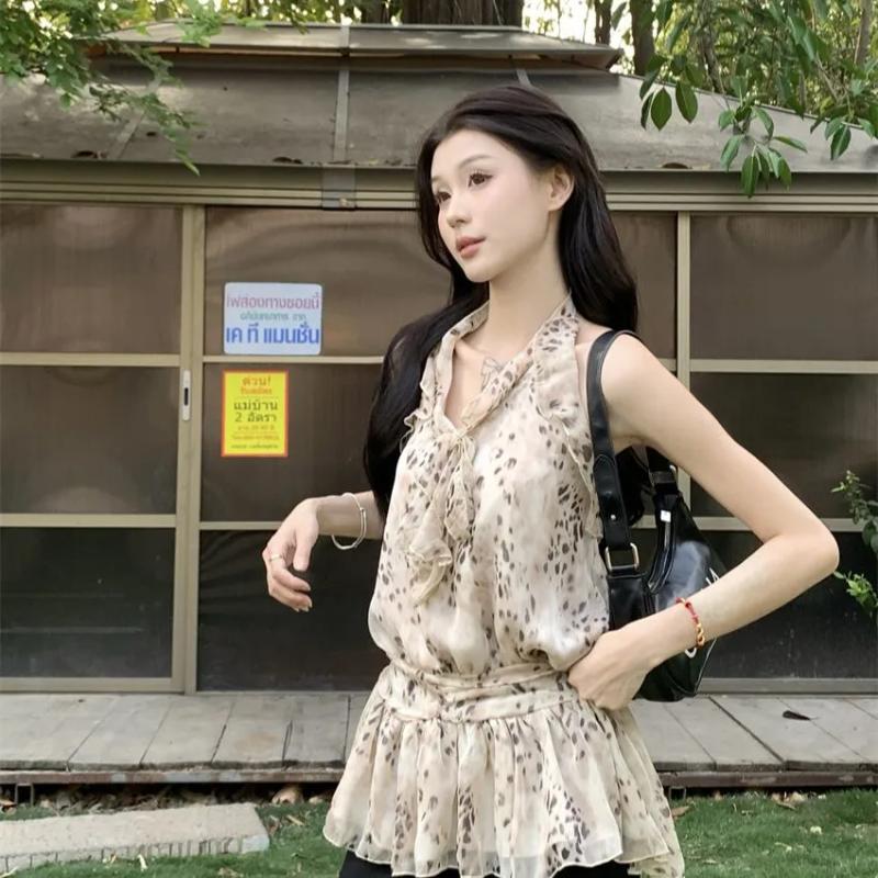 

Leopard Print Strappy V-neck Halterneck Backless Chiffon Women s 2025 New Loose Slimming Sleeveless Shirts S бежевий