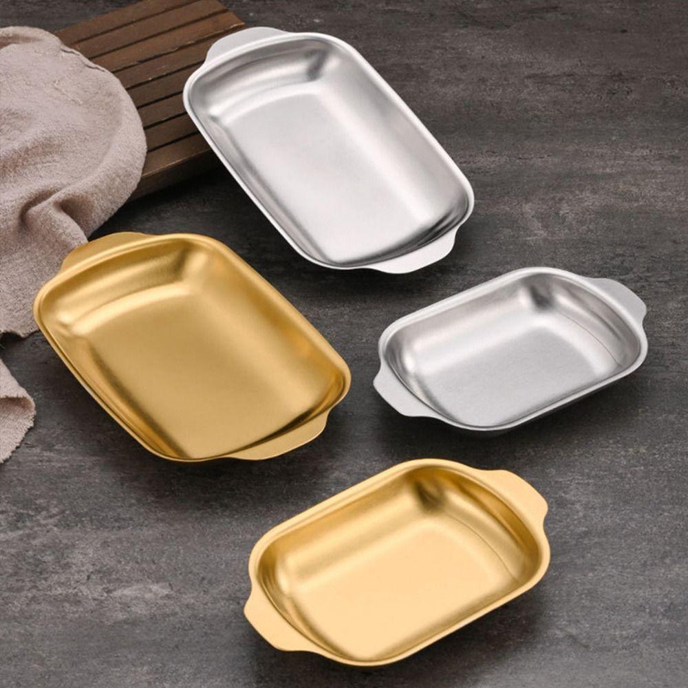 New Stainless Steel Steak Tray Double Ear Design Vintage Barbecue Plate Vegetable Snack Plate Home Kitchen