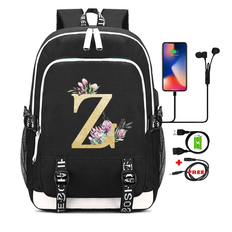 26 English Letters Black Backpack Cosplay Canvas Rucksack Children Kids Schoolbag Travel Bag Back To School Bookbag