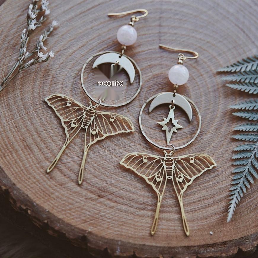 Bohemian Star & Moon Moth Rose Quartz Earrings for Women