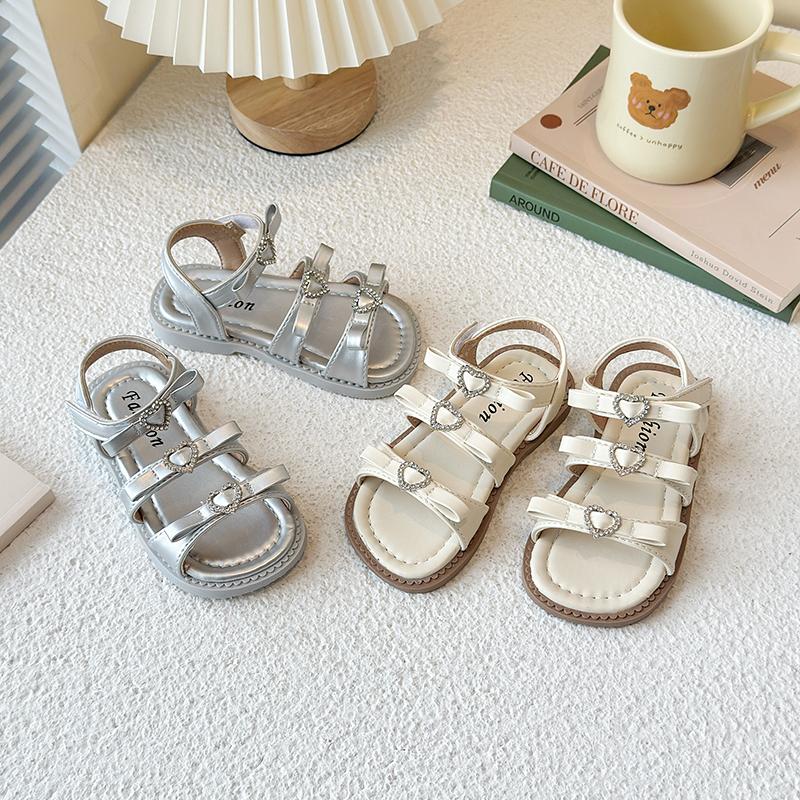 Girls Beach Shoes Open Toes Sweet Bows Kids Sandals Hook&loop Versatile 2025 Summer New Children Princess Shoes Toes Capped Ins