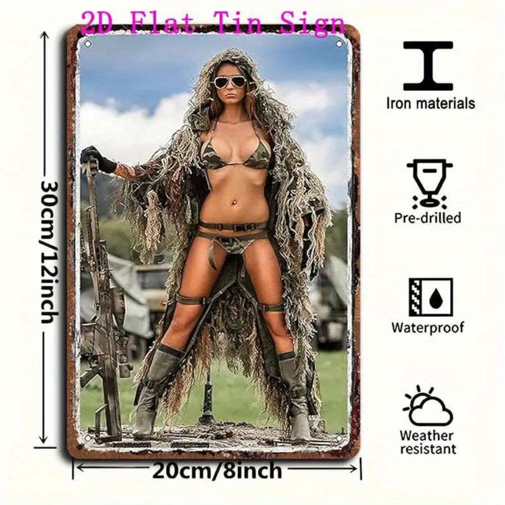 Vintage Humorous Metal Wall Decor 8x12 Inch - Sexy Camo Soldier Girl Design for Man Cave Bar Home Bathroom
