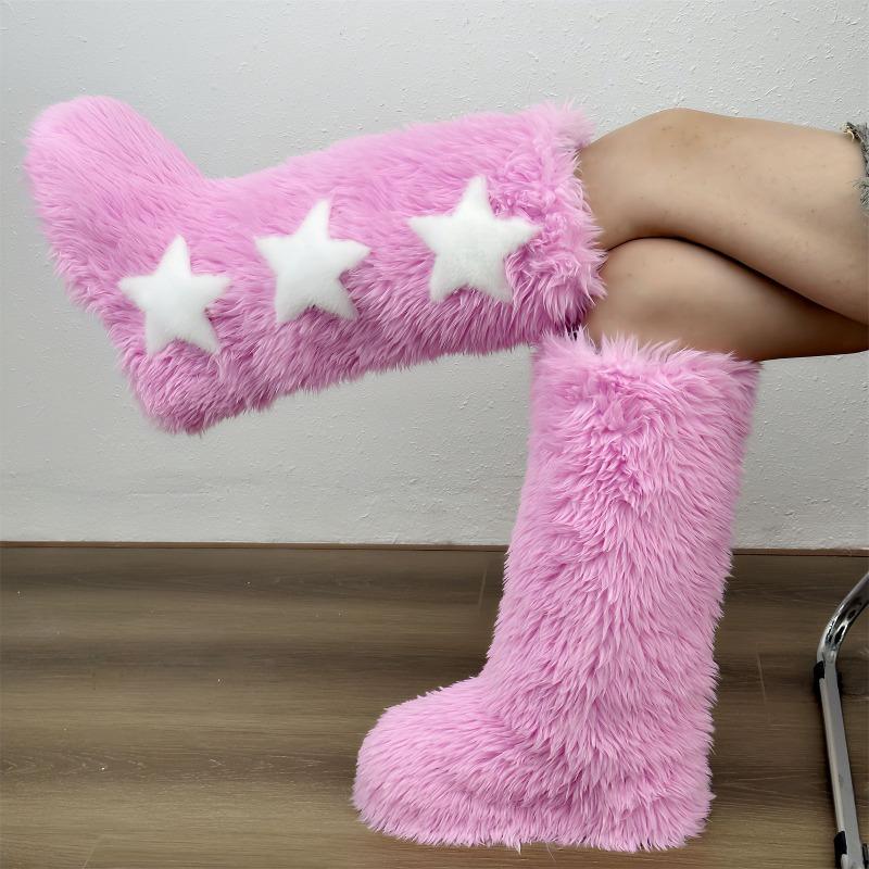 Přeshraniční nové vysoké chlupaté kozačky dámské zimní vysoké sněhule kozačky Spice girl sametové Y2K chlupaté kozačky