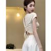 Niche Design Sense Unique Slim-fit High-waisted Short-sleeved T-shirt Pure Desire Wind Spice Girl Back Hollow Drawstring Ins Top Women