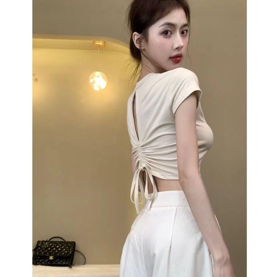 Niche Design Sense Unique Slim-fit High-waisted Short-sleeved T-shirt Pure Desire Wind Spice Girl Back Hollow Drawstring Ins Top Women