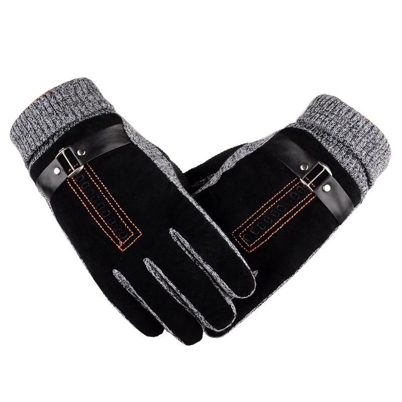 Mens Winter Thickened Fleece-Lined Pigskin Motorcycle Riding Gloves Touchscreen Compatible Outdoor Warm