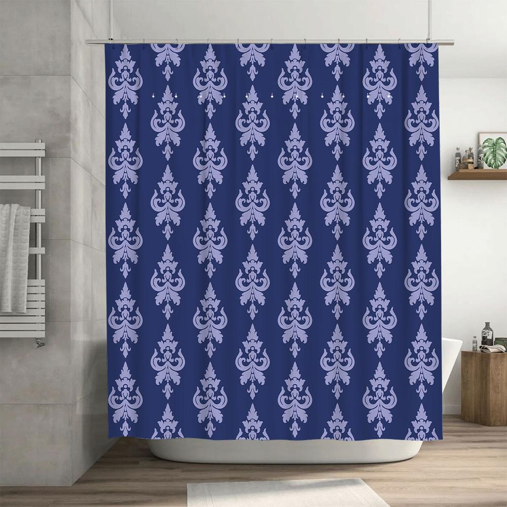 Blue Damask Shower Curtain Set Bathroom Decor Waterproof Fabric 2