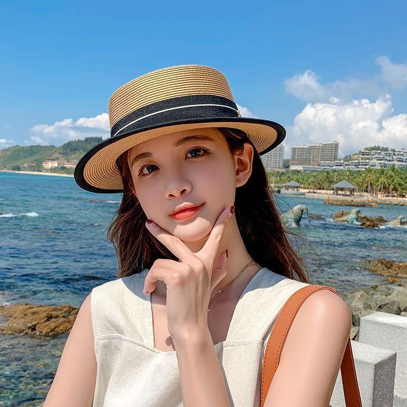 Hat Women's Summer British Hat Flat Top Short Brim Top Hat Outdoor Sun Protection Beach Resort Seaside Sun Hat