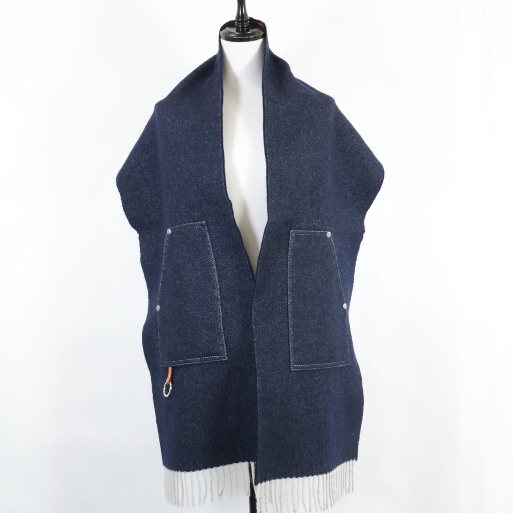 HERMES [Excellent condition/Domestic genuine] Pocket cargo cashmere Scarf IndigoUsed