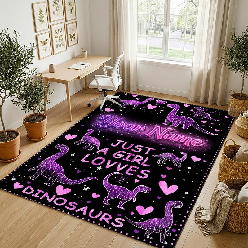 Dinosaur Theme Crystal Velvet Rug Personalized Custom Name Text Soft Floor Mat Home Decor