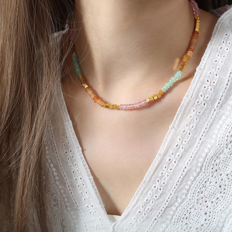 Maillard Reaction Vacation Style Amazonite Crystal Beaded Titanium Steel Necklace