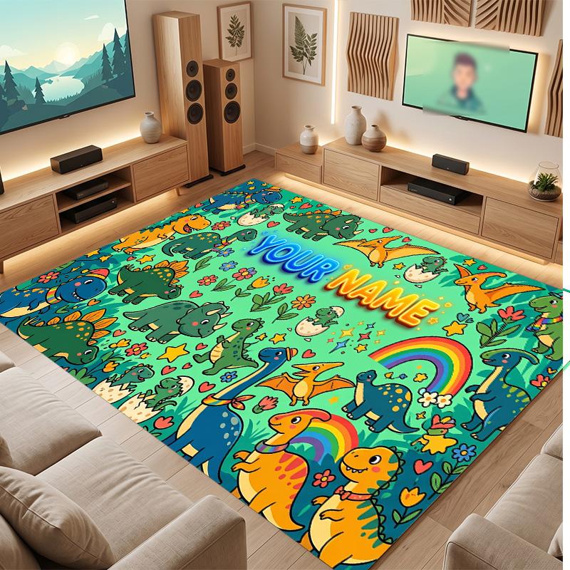 Dinosaur Theme Soft Crystal Velvet Rug Custom Name & Text Print Non Slip Floor Rug for Bedroom Living Room