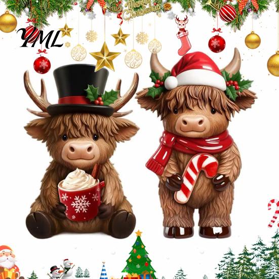 Decorative Highland Cattle Statue 2Pcs Christmas Cow Figurines, Resin Santa Reindeer Cow, with Hat, Seasonal Mantelpiece Ornaments Hot Cocoa,