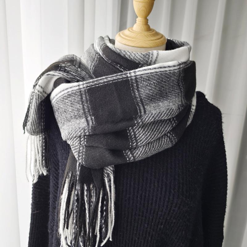 Women's 2024 Korean Style Plaid Snood: Versatile Thick Tassel Shawl for Autumn and Winter
