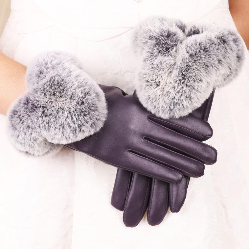 Warm gloves women's leather cold-proof velvet thickened rabbit fur mouth outdoor riding cold autumn and winter touch screen gloves
